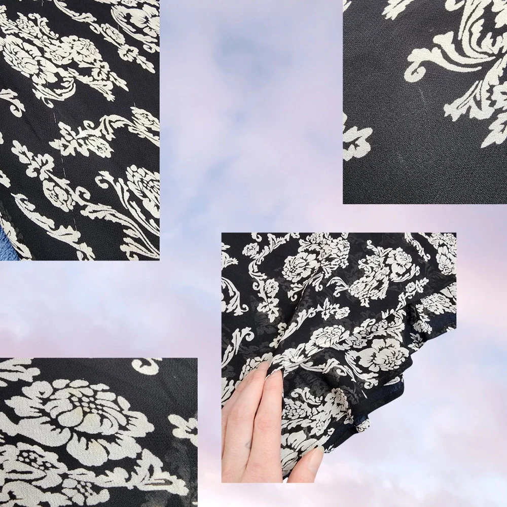 Y2k Black Off White Floral Mod Retro Long Midi Ruffle Layered Rayon Skirt 10 - Picture 4 of 4